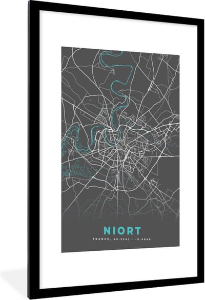 Fotolijst incl. Poster - Niort - Plattegrond - Kaart - Frankrijk - Stadskaart - 60x90 cm - Posterlijst