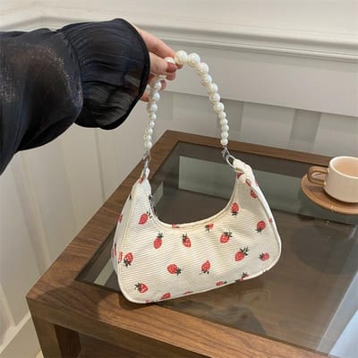 Schattige Aardbeien Tas Kleine Tas Zomer Okseltas Parel Handtas Corduroy Eén-schouder Handtas Dames gray