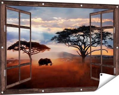 Gards Tuinposter Doorkijk Olifant in het Wild - Savanne - 120x80 cm - Tuindoek - Tuindecoratie - Wanddecoratie buiten - Tuinschilderij