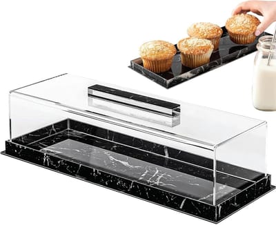 Acryl taartplateau - Gebaksdisplay met deksel - Feestelijke presentatie - Transparant design - 35.5 cm lengte - Zwart marmer