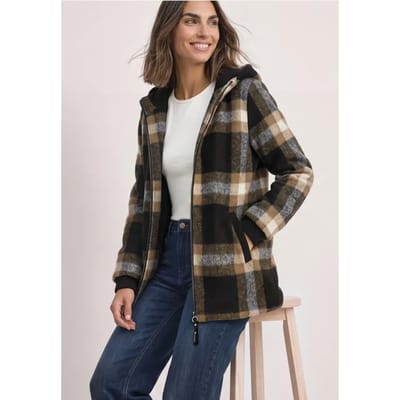 Geruite jas met capuchon en ribdetails