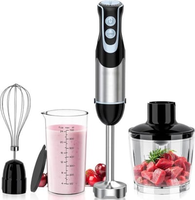 Staafmixer Set – 4-in-1 Staafmixerset Met 12 Snelheden en Turbofunctie – Hakmolen - Inclusief Maatbeker, Hakbeker en Mengopzetstuk – 1000W