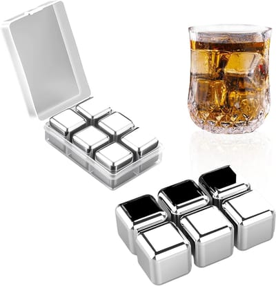 Herbruikbare RVS Whiskystenen, Koelstenen voor Dranken, Snelbevriezende IJsblokjes met Opslagdoos, Perfect voor Whiskey en Cocktails (6)