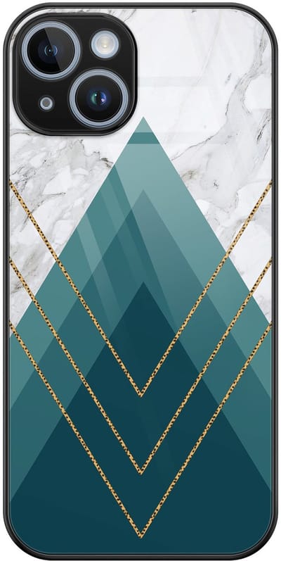 Hoesje geschikt voor iPhone 14 - Geometrisch blauw - Luxe Glazen Hardcase - Hippe print - Blauw - Leuke Telefoonhoesjes