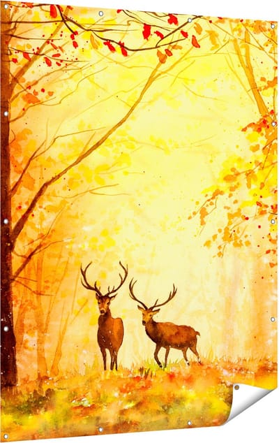 Gards Tuinposter Getekende Herten in het Bos - Herfst - 120x160 cm - Tuindoek - Tuindecoratie - Wanddecoratie buiten - Tuinschilderij