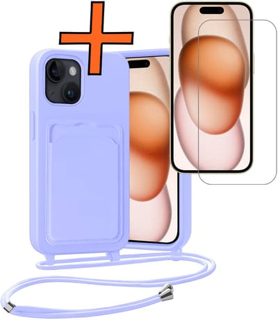 Hoesje Geschikt voor iPhone 15 Plus Hoesje Met Telefoonketting Pasjeshouder Case Met Screenprotector Koord - Hoesje Geschikt voor iPhone 15 Plus Hoes Met Kaarthouder - Lila