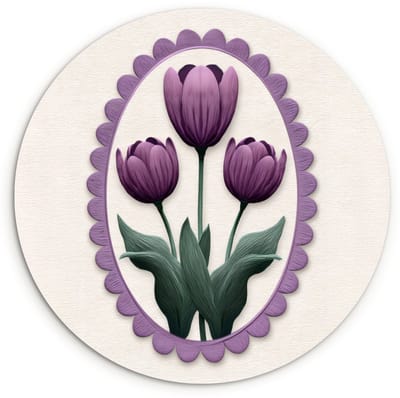 WallCircle® Wandcirkel 120x120 cm - Muurcirkel Tulpen - Paars - Lijst - Bladeren - Muurdecoratie woonkamer - Wanddecoratie slaapkamer - Kamer decoratie accessoires - Ronde schilderijen XXL