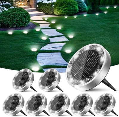 8-delige set buitenverlichting op zonne-energie, platte schijfvormige lampen, geschikt voor landschapsverlichting langs paden, in tuinen, opritten, gazons, langs trottoirs, enz., koel wit licht.