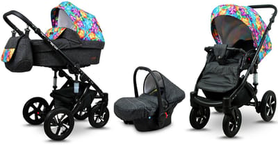 BabyLux® Kinderwagen 3in1 – SKY LARK - Paint Flowers BLACK FRAME - Opklapbare Wandelwagen incl. Reiswieg, Multifunctionele Buggy Sportstoel, Autostoel - Combi-kinderwagen met Luiertas, Regenhoes, Klamboe, Bekerhouder, etc.