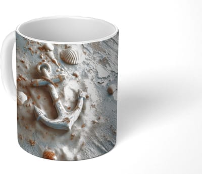 Mok - Koffiemok - Anker - Hout - Schelpen - Zand - Mokken - 350 ML - Beker - Koffiemokken - Theemok