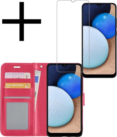 Hoesje - Met Screenprotector - Geschikt voor Samsung Galaxy A02s - Luxe Pasjeshouder - Bookcase Portemonee - Flip Case - Kunstleer Book Case - Flipcase - Book Cover - Walletcase - Portemonneehoes - Donkerroze