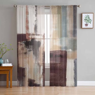 Rideaux Transparent Style Peinture à l'Huile Moderniste Abstrait Marron pour Décoration de Salon Rideaux de Fenêtre Rideaux en Tulle Voile pour Cuisine W135 x H160cm x1
