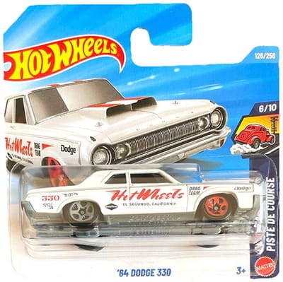 HOT WHEELS '64 DODGE 330 WHITE DRAGTEAM EL SECUNDO CALIFORNIA 126/250 HW DRAG RACERS PISTE DE COURSE 6/10 SHORT CARD 2026