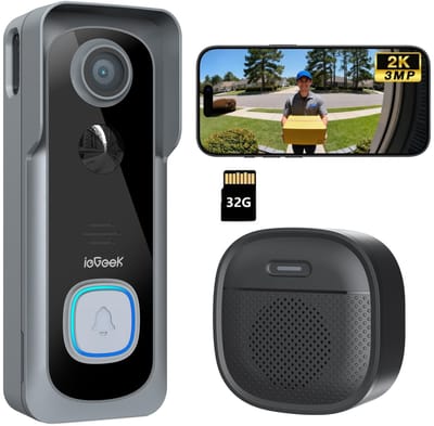 ieGeek J1 2K Draadloze Video Deurbel - 2K FHD - Accu Grijs - Op batterijen - Eenvoudige installatie - Live videogesprek - Mens- en bewegingsdetectie - Geen abonnementskosten - Incl. 32GB SD