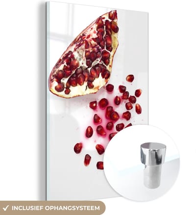 ® Glasschilderij 120x180 cm - Schilderij acrylglas - Granaatappel - Zaad - Wit - Foto op glas - Muurdecoratie woonkamer - Wanddecoratie slaapkamer - Schilderijen
