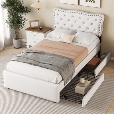 Gestoffeerd eenpersoonsbed - voor slaapkamer en tienerkamer - 90x200 cm - Lichtbeige - Verstelbaar hoofdbord met decoratieve nieten - 2 opberglades - Inclusief lattenbodem - Tot 200 kg
