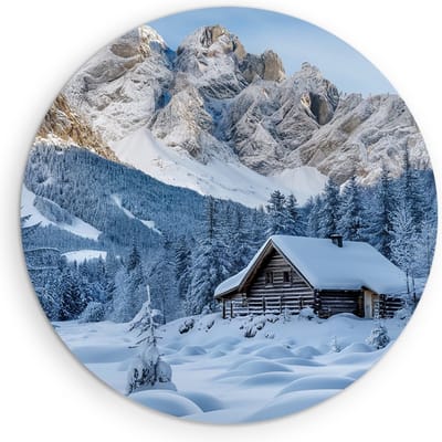 Saammp Muurcirkel Hout -Besneeuwd Huis - Landschap - Natuur - Ø 90 - Wandcirkel - Wanddecoratie Cirkel - Muurdecoratie Woonkamer - Slaapkamer decoratie - Rond Schilderij