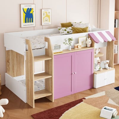 Kinderbed huisbed 90x200, met open opbergruimte, met klimladder, halfhoog kinderhoogslaper, massief houten kinderstapelbed zonder matras, houtkleur + roze