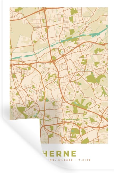 Muurstickers - Sticker Folie - Herne - Stadskaart - Plattegrond - Vintage - Kaart - 20x30 cm - Plakfolie - Muurstickers Kinderkamer - Zelfklevend Behang - Zelfklevend behangpapier - Stickerfolie