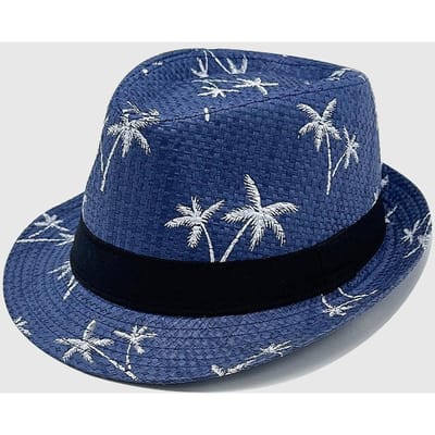 Petit Chapeau Jazz en Papyrus à Bord Été Paille Tressée Pare-Soleil Impression Arbre de Coco Chapeau de Plage Protection Solaire M（56-58cm） black