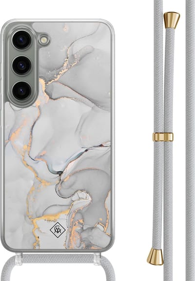 Casimoda® hoesje met grijs koord - Geschikt voor Samsung S23 - Marmer Grijs - Afneembaar koord - TPU/polycarbonaat - Grijs