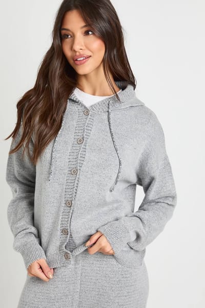 boohoo Dames Gebreide oversized hoody met knoopdoorloop en wijde pijpenbroek | Grey | Maat: Small