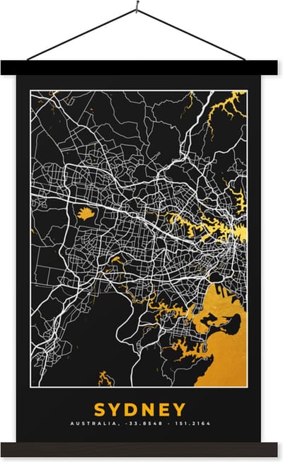 Posterhanger incl. Poster 40x60 cm - Schoolplaat - Sydney - Stadskaart - Plattegrond - Goud - Kaart - Textielposter - Zwarte latten - Stadskaart