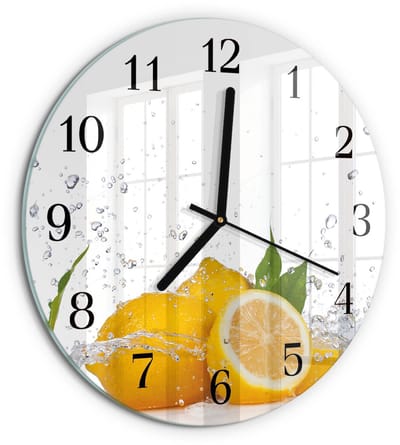 Tulup Wandklok - Citroenen Decoratieve Glazen Klok - 30fi cm - Geel Glazen Wandklok Design - Zwarte Handen - Ronde Wandklok - Decoratieve Glazen Klok - Glazen Wandklok Design