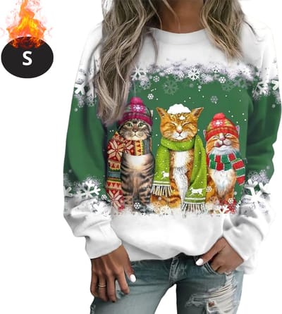 Bovista Kersttrui - Dames - Foute Kersttrui - Christmas Sweater - Kattenprint - Kerst Sweater - Christmas Jumper - Pyjama - Groen - S