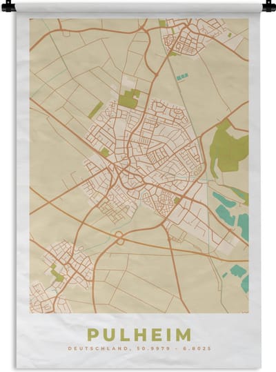 Wandkleed - Wanddoek - Plattegrond - Pulheim - Stadskaart - Vintage - Kaart - 120x180 cm - Wandtapijt