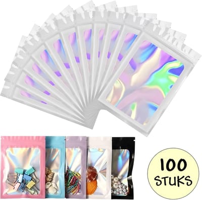 100 Witte Holografische Folie Zip Lock Zakjes - Hersluitbare Mylar Zakken - 7x10cm - Uitdeelzakjes - Transparant - Snoepzakjes - Cadeauzakjes - 100 Stuks