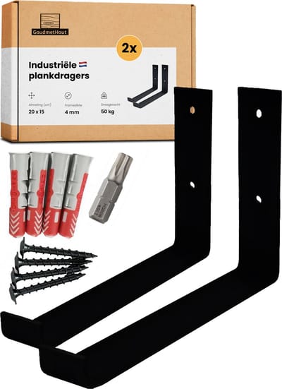 GoudmetHout Industriële Plankdragers L-vorm UP 20 cm - Staal - Mat Zwart - 4 cm x 20 cm x 15 cm - Plankendrager