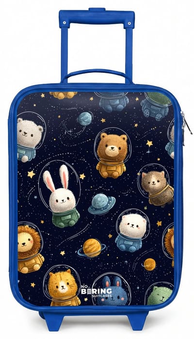 NoBoringSuitcases.com® - Kinderkoffer blauw - Kindertrolley jongen - Dieren - Astronaut - Planeten - Sterren - Koffer kind lichtgewicht - Reiskoffer trolley voor kinderen - Koffertje met lichtgevende wieltjes - Rolkoffer