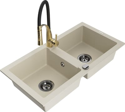 Mexen Mario granieten gootsteen met 2 koen en keukenkraan Aster, beige - 6504-69-73450-57-B