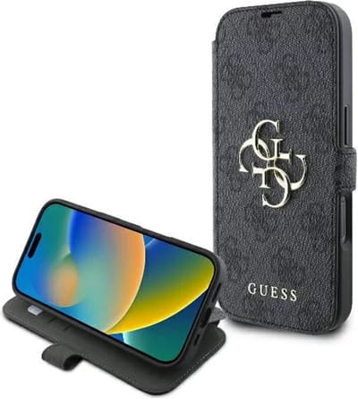 Hoes voor Apple iPhone 16, Guess, 4G Book, Zwart
