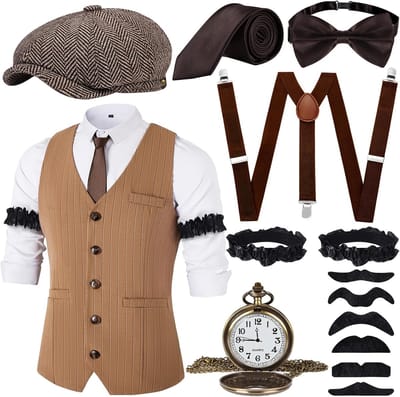 Jaren 20 herenaccessoires, 1920 maffia-kostuum heren, jaren 20 herenkostuumaccessoires met vesten en verschillende accessoires voor Halloween, carnavalskostuum (bruin, L)