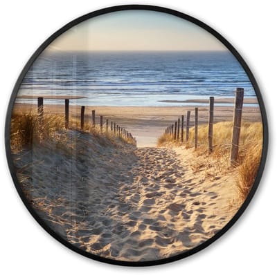 Poster in lijst Rond - Fotolijst 60x60 cm - Posters - Strand - Zee - Nederland - Duinen - Zon - Ronde posterlijst zwart - Decoratie - Wanddecoratie woonkamer - Muurdecoratie slaapkamer