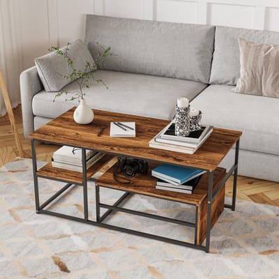 Set van 2 moderne salontafels, stijlvolle bijzettafels met 2-laagse opbergruimte, rechthoekig, met metalen frame, Moderne meubels voor de woonkamer