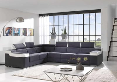 Hoekbank Hoeksalon Galaxy Velvet blauw met wit detail afwerking - xl zitbank - Universeel links of rechts - Promo prijs - zetelsenbedden