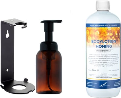 Zeepdispenser 300 ml amber bruin hervulbaar + 1 liter Bodylotion Honing navulling (inclusief beugel)