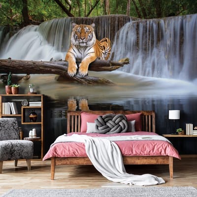 Fotobehang - Tijger - Natuur - Waterval - Vliesbehang - (368 x 254 cm)