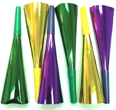 6 feesthoorns in geel, groen, violet, metallic, 22 cm