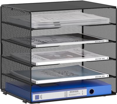 5 Tier Metal Mesh A4 Bureaulade, Bestandshouder, Papierorganisator, Tijdschriftopslag, Archiefrek voor Kantoor & Thuis Bureaublad Opruiming, Zwart