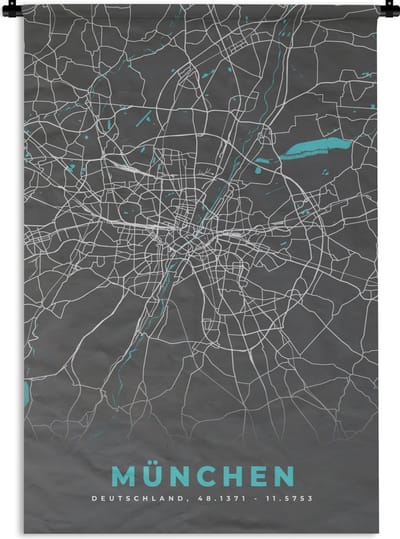 Wandkleed - Wanddoek - Stadskaart – München – Duitsland – Plattegrond – Kaart - 120x180 cm - Wandtapijt