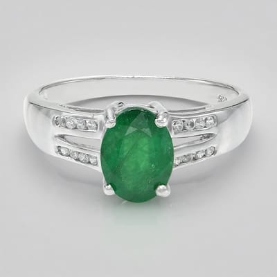 Cavill - Zilveren Ring met Bahia Smaragd 1,08 ct en 16 Zirkonia's - 925 Sterling Zilver Geplatineerd - Elegante Ovale Edelsteenring maat 17