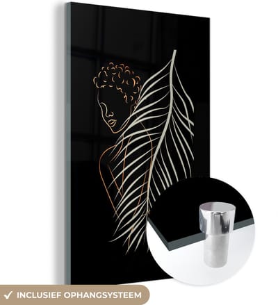 MuchoWow® Glasschilderij 40x60 cm - Schilderij acrylglas - Vrouw - Veer - Goud - Zilver - Foto op glas - Schilderijen