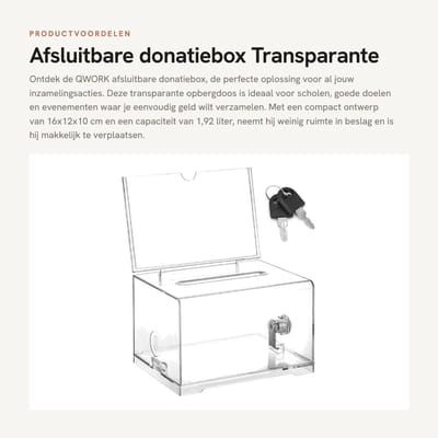 Dailygoods- Donatiebox Afsluitbaar - Collectebus - Ideeenbus - Acryl - Draagbaar - 16x12x10 cm - Veilig vergrendelingsmechanisme - Inzamelingsbox