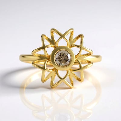 Cavill - Elegante Damesring - 0,225 ct Champagne Diamant - 925 Sterlingzilver Verguld - Ronde Briljant Bezel Ring - Filigraan Sterbloem