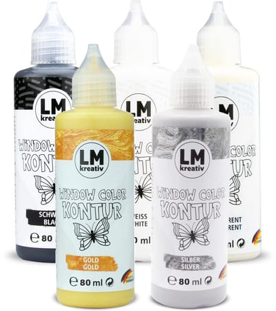 LM-Kreativ Raamverf set - Met Contourkleur - Glasverf voor knutselen - Verschillende Kleuren - 5 x 80 ml