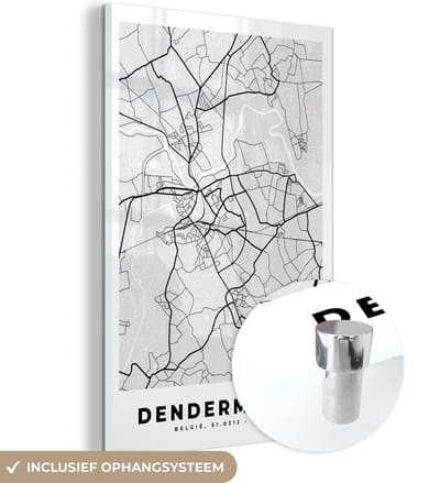 MuchoWow® Glasschilderij 120x180 cm - Schilderij acrylglas - Stadskaart – Zwart Wit - Kaart – Dendermonde – België – Plattegrond - Foto op glas - Schilderijen